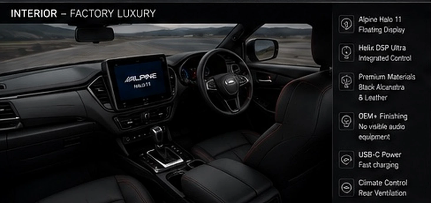 OEM-style black D-Max interior concept with large Alpine screen